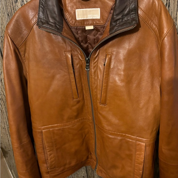 Michael Kors Mens Leather Jacket Brown Cognac Zipper Moto Mens Med - Picture 5 of 10